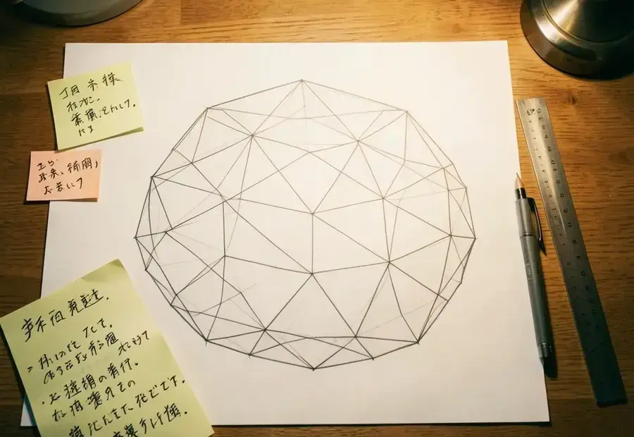 机の上に広げられた紙面の設計図と付箋
