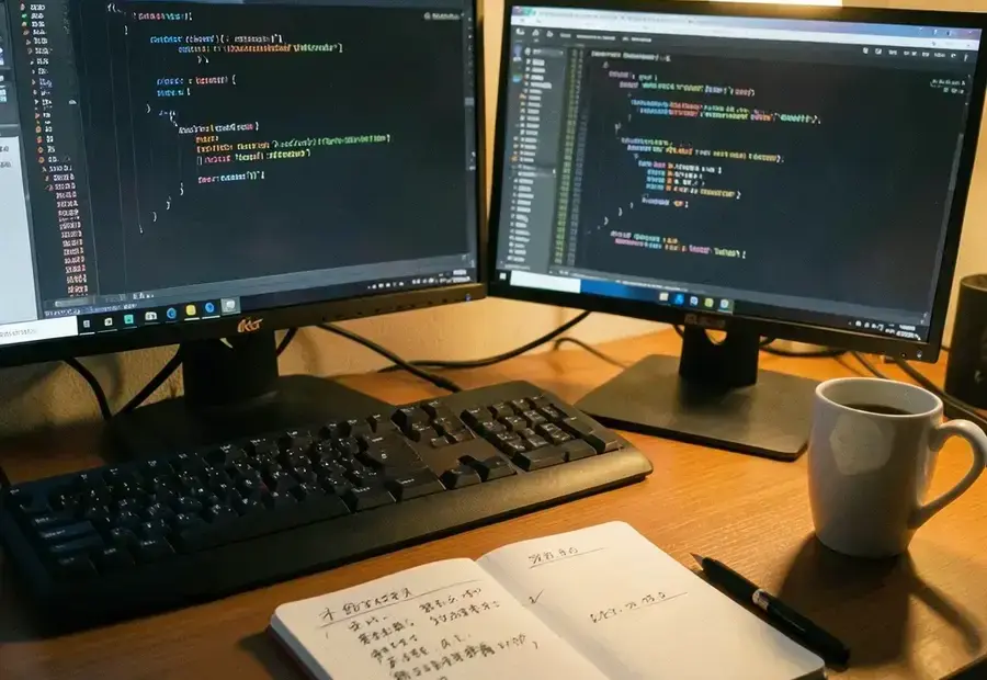 二つのモニターにコードの差分が表示された作業机