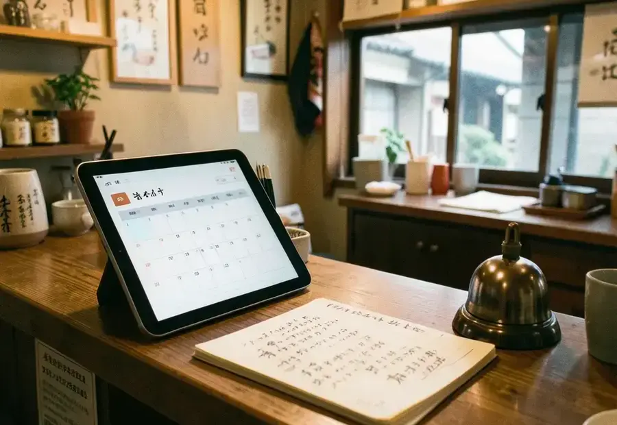 飲食店の受け取りカウンターで予約表を表示したタブレット